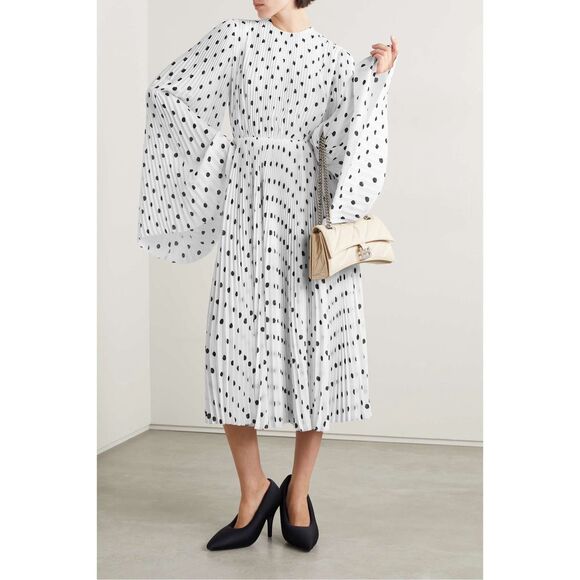 NWT Balenciaga Polka Dot Bell Sleeve Back Zip Pleated Midi Dress Black White 36